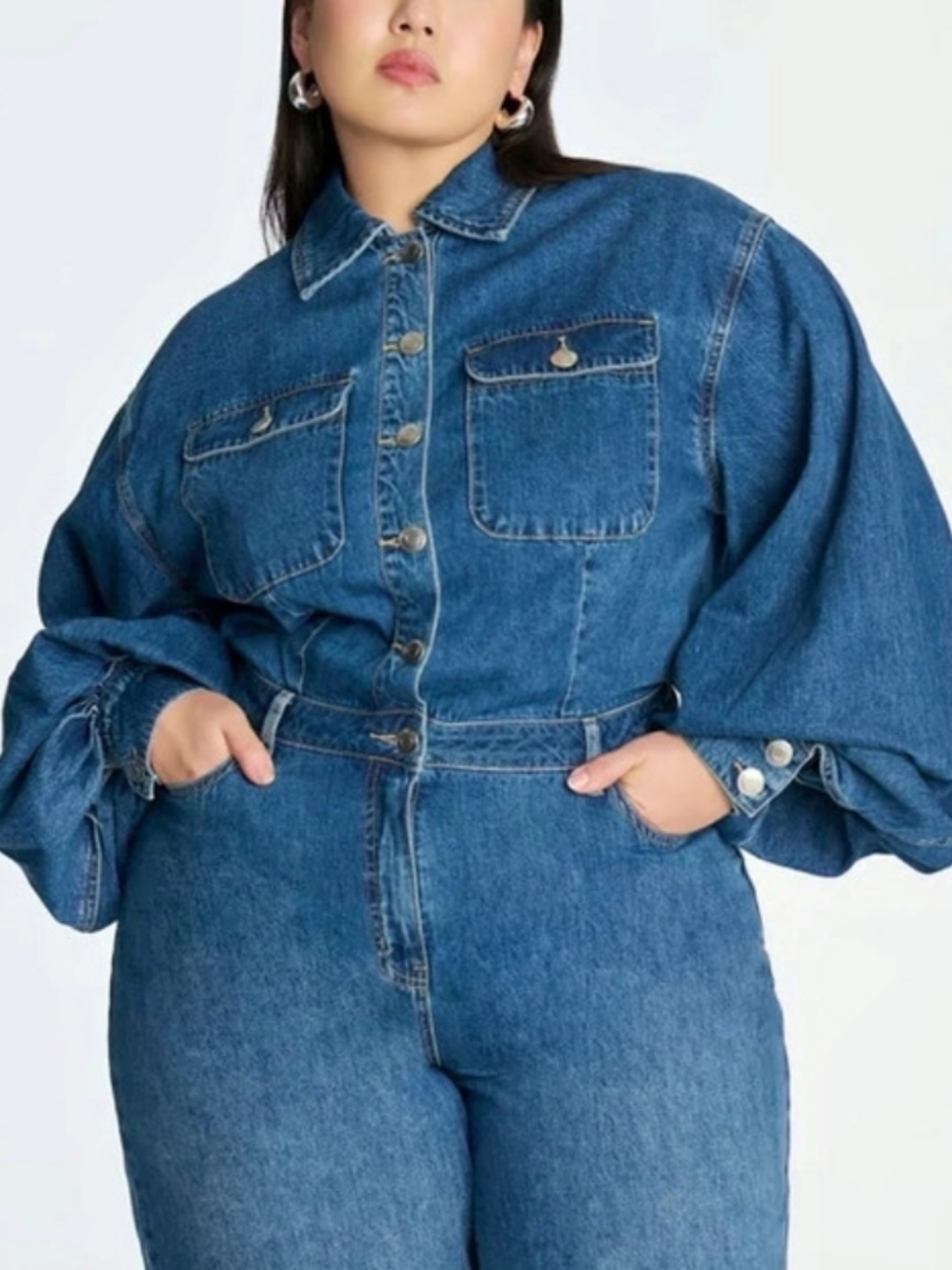 ELOQUII Barrel Leg Denim Jumpsuit Blue Size 16 Balloon Long Sleeves